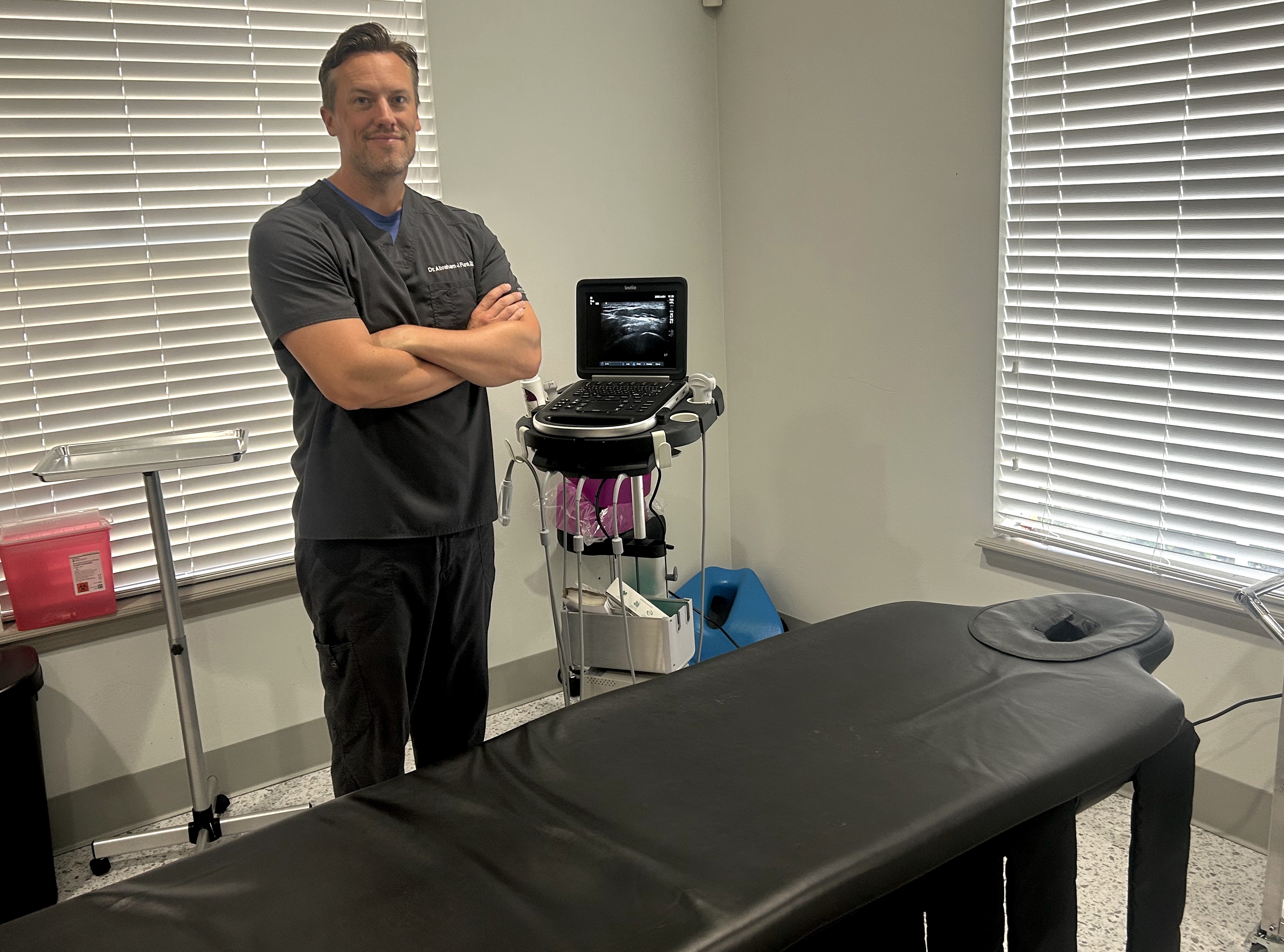 Patient undergoing a fluoroscopy-guided radiofrequency ablation procedure